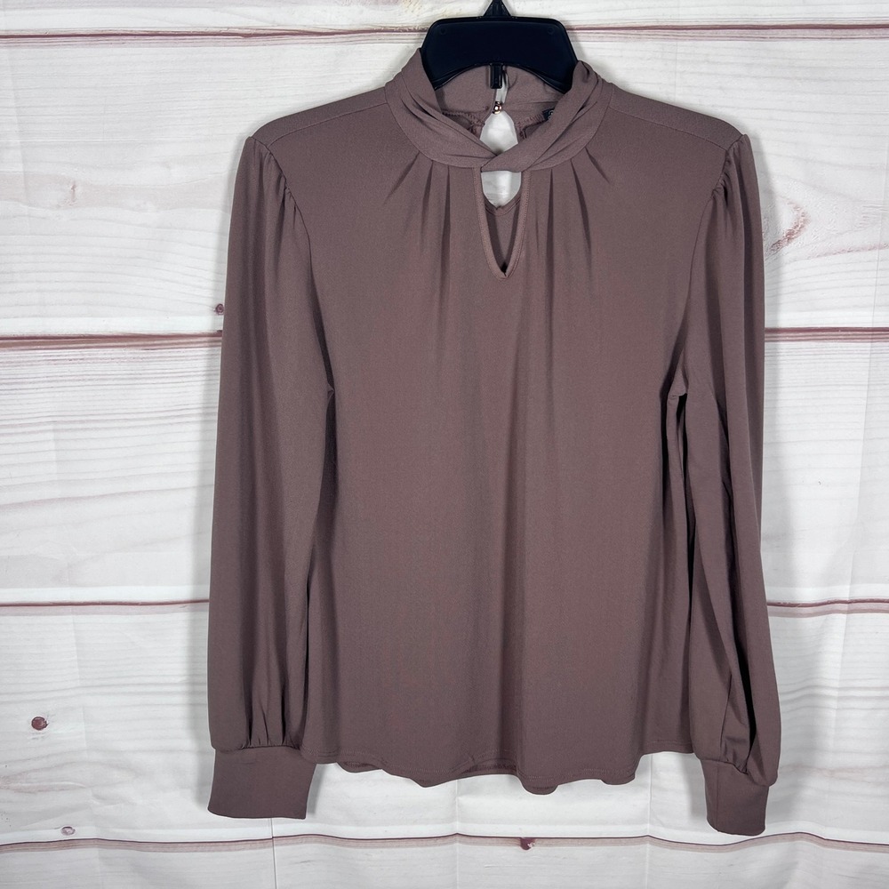 Adrianna Papell Blouse Womens Small Brown Keyhole Mock Neck Long Sleeve Pleated